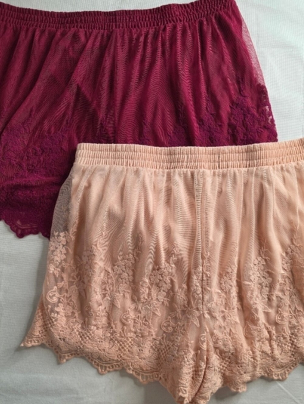 2 Pair Torrid Embroidered Mesh Shorts Size 1 1X Peach & Red Wine Lined H-2070